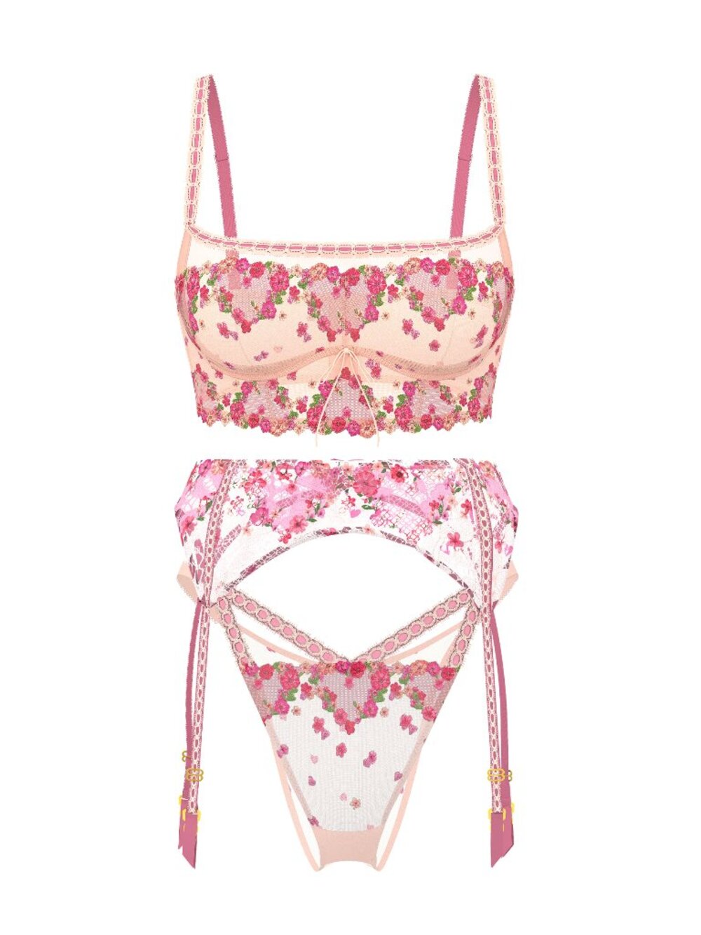 Victoria's Secret Dream Angels Pink Hearts & Roses Embroidery Bra Top 3Pc Set M